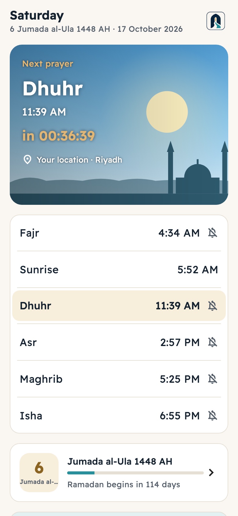 Today screen with prayer times