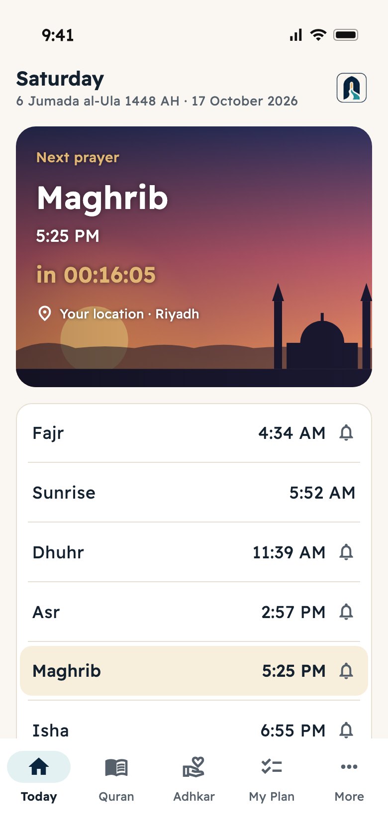 Today screen with prayer times